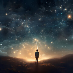 Wall Mural - A person reaching towards a star-filled sky. 