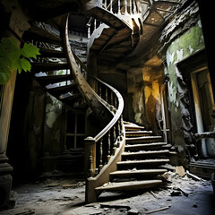 Sticker - A spiral staircase in an old abandoned building.