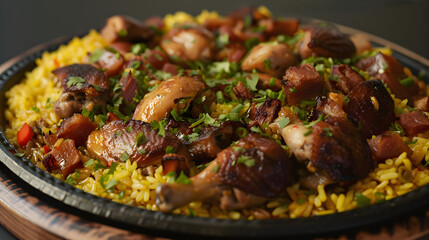 Wall Mural - Sizzling chicken and chorizo paella dish