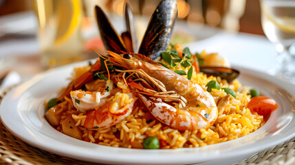 Wall Mural - Seafood paella on plate with wine