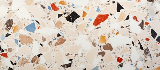 Poster - A closeup photo captures the intricate terrazzo pattern on a white tile, showcasing the blend of colorful fragments resembling tiny pebbles