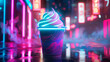 Neon cup of ice cream with neon swirls against a cyberpunk city background with neon lights