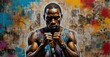 Mixed media artwork blending graffiti, grunge newspapers, and colorful painting, portraying an African man with a fierce spirit, defiantly raising his fist in urban rebellion