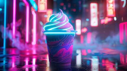 Neon cup of ice cream with neon swirls against a cyberpunk city background with neon lights