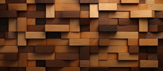 Poster - A closeup of a brown hardwood wall made of rectangular wooden cubes, resembling brick flooring. The wood stain enhances the material properties, adding warmth to the real estate design