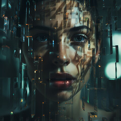 Poster - Close-up of a persons face with glitch effects. 