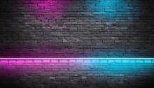 Black Brick Wall Background Rough Concrete With Neon Lights And Glowing Lights Lighting Effect Pink And Blue On Empty Brick Wall Background