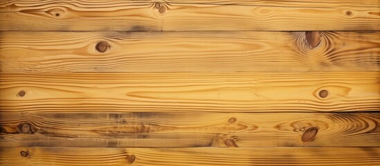 Poster - A closeup of a brown hardwood plank wall with a blurred landscape horizon in the background. The wood stain creates a beautiful amber pattern on the flooring