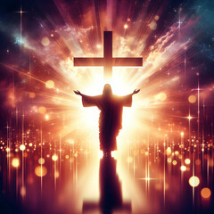 Illuminated Silhouette of Jesus, Heaven and Cross Love and Faith and Salvation Concept