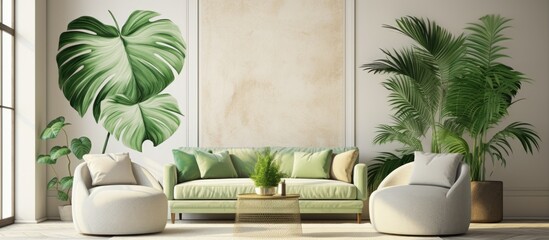 Wall Mural - A cozy living room featuring a couch, chairs, and plants. The blend of wood flooring and interior design creates a warm and inviting space