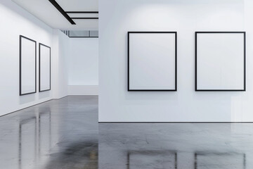 Wall Mural - A sleek white art gallery interior illuminated by soft, natural light, featuring empty blank mock-up posters framed in minimalist black against a pristine white wall.