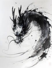 Wall Mural - Illustration of Chinese brush painting of a dragon. Black ink lines drawn by master artist. It is a line that has weight, heaviness and lightness in art. Suitable for applying and decorating anywhere.