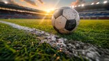 Fototapeta Sport - Close-up of a soccer ball on vibrant stadium turf