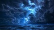 This striking image displays a ship confronting a dramatic ocean storm, accentuated by the play of lightning in the swirling clouds above