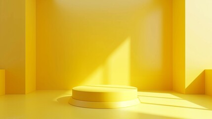 Wall Mural - A minimalist interior with soft shadows playing on the yellow walls and a podium, evoking calmness