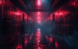 Fototapeta Perspektywa 3d - Surreal Photography of a hallway lined with 3D neon lights, dimly lit, fog