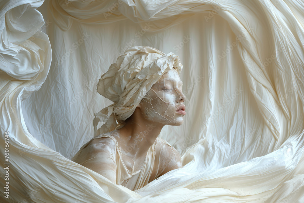 Ethereal beauty with draped fabric and serene expression. Generative AI ...