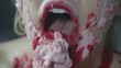 A close-up shot of a bloody mouth, creating a horrifying and gruesome visual for horror genre enthusiasts