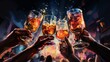 An illustration of a group's hands raising glasses in a toast amidst a lively party atmosphere with vibrant color splashes