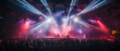 A Live stage production overhead trusses and lighting in a live venue. Stage rigging equipment