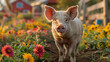 A pot-bellied pig using its snout to explore a colorful farmyard, showcasing its curiosity and playful demeanor in a rustic setting