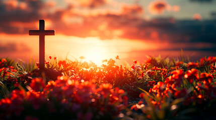 Wall Mural - Cross with flowers against a background of sunset.