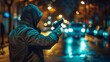 A man in a hoodie holding up his gun on the street, AI