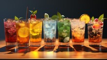 A Neat Row Of Vibrant Cocktails Casting Shadows On A Wooden Surface With Garnishes Like Cherry And Lemon