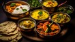 Richly colored Indian foods with various side dishes and condiments presented in copper bowls against a dark backdrop