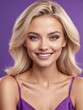 Bright Purple background Portrait of blonde caucasian smiling beautiful woman with smooth clean face glowing skin youth skin care ad concept from Generative AI