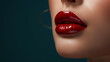 Emphasizing beauty and perfection, a woman model's portrait features glossy red lipstick on well-defined lips.