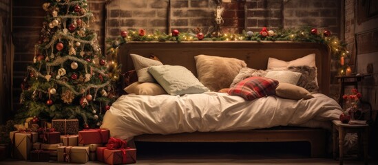 Sticker - A Christmas tree adds a festive touch to the rooms interior design. The hardwood bed in the foreground complements the cozy atmosphere of the living room