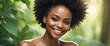 Bright Forest Green background Portrait of black african smiling beautiful woman with smooth clean face glowing skin youth skin care ad concept from Generative AI