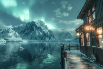 Wall Mural - northern lights and winter landscape with mountains and forest. aurora borealis with starry in the n
