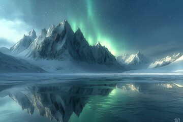 Wall Mural - northern lights and winter landscape with mountains and forest. aurora borealis with starry in the n