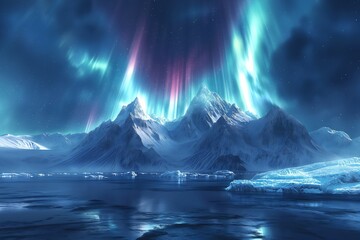 Wall Mural - northern lights and winter landscape with mountains and forest. aurora borealis with starry in the n