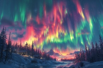 Wall Mural - northern lights above snow trees. winter landscape with mountains and forest. aurora borealis with s