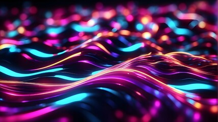 Wall Mural - 3D render of an abstract neon background including vibrant bokeh lights and luminous, wavy lines.