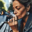Woman sitting outside smoking cannabis on a bench in a park. Lighting up a joint in public. Cannabis leaf earring. Marijuana ganja weed. Legalization. Patient. Generative AI