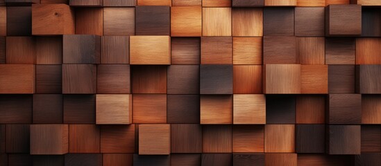 Poster - A closeup of a brown hardwood wall made of rectangular wooden cubes, with a window and brick flooring. The building has a wood stain finish