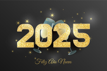 tarjeta o pancarta para desear un Feliz Año Nuevo 2025 en oro sobre fondo negro con estrellas y dos copas de champán