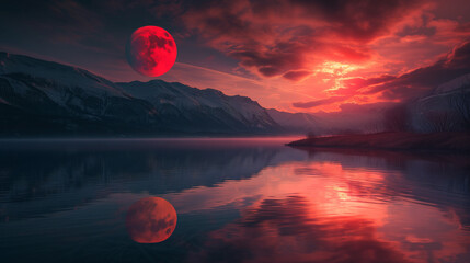 Lake landscape with a red moon with reflection, 4K wallpaper