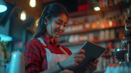 Wall Mural - Portrait of a happy coffee shop worker with a tablet