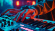 hands of musician playing piano in studio, close
