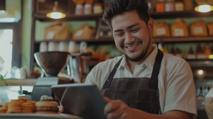 Wall Mural - Portrait of a happy coffee shop worker with a tablet