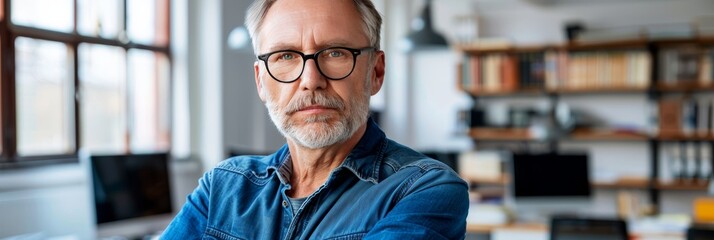 Successful businessman in casual attire standing with arms crossed in white office with copy space