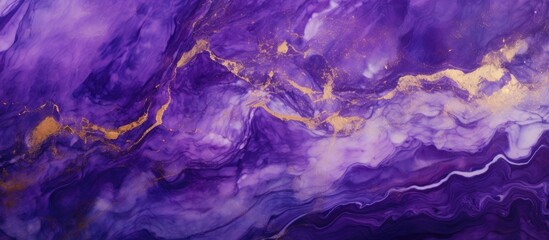 Wall Mural - A detailed closeup of a mesmerizing purple and gold marble texture, resembling a beautiful natural landscape with swirls of violet, magenta, and electric blue colors
