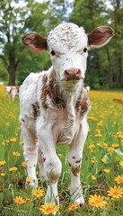 Young calf grazing in daisy field on a sunny summer day  serene farm animal scene