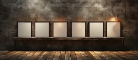Poster - A room in a building with a wooden flooring and a row of empty frames on the brickwork wall, creating a rustic atmosphere