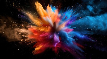 a colour burst or explosion of paint from a black background with red, blue and orange colours. red,